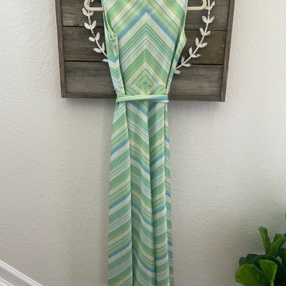 VTG Melissa Lane green striped sleeveless belted maxi dress size 10 - Picture 2 of 9